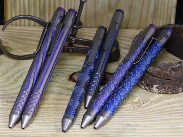 PURPLE AND BLUE ANODIZED PENS